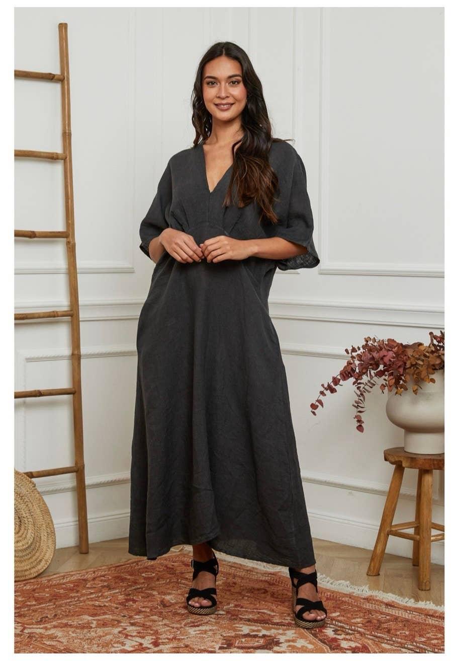 Linen Dress Maxi Made in Italy Charcoal Grey - LUXAMORE
