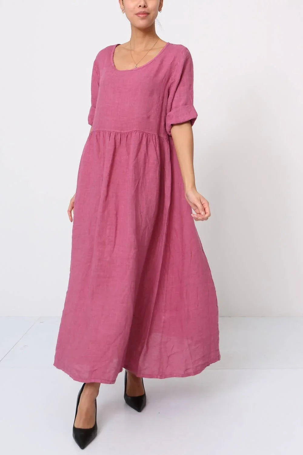 fuchsia linen dress PINK LINEN DRESS WITH FRILLS