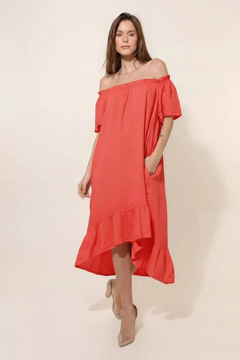 Linen Dress Maxi Off Shoulder Made in Italy Coral - LUXAMORE