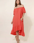 Linen Dress Maxi Off Shoulder Made in Italy Coral - LUXAMORE