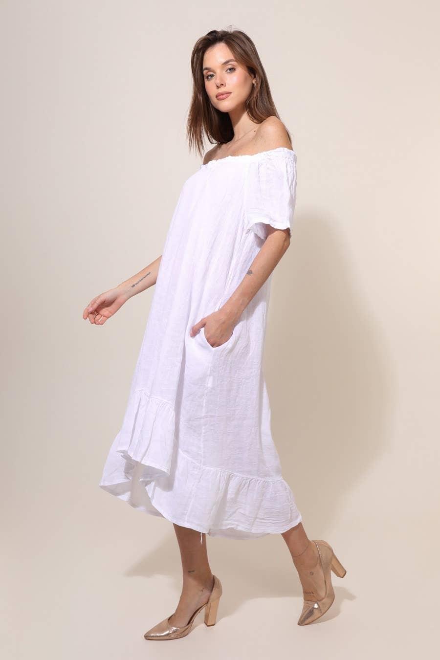 Linen Dress Maxi Off Shoulder Made in Italy Coral - LUXAMORE