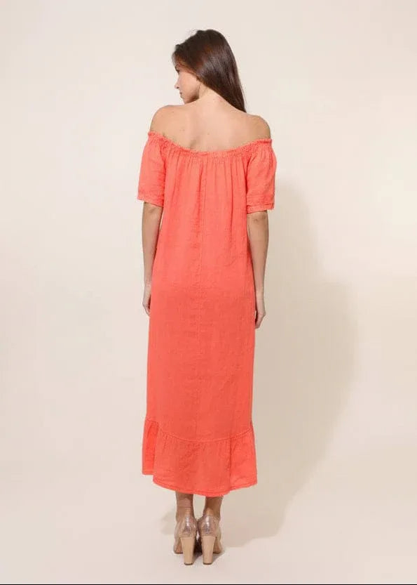 Linen Dress Maxi Off Shoulder Made in Italy Coral - LUXAMORE