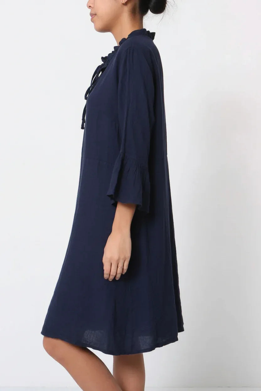 Linen Dress Midi 100% Made in Italy Navy - LUXAMORE