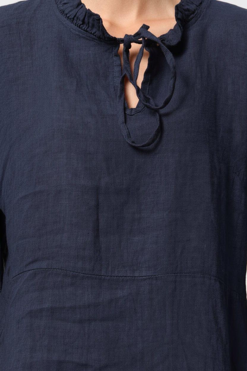 Linen Dress Midi 100% Made in Italy Navy - LUXAMORE