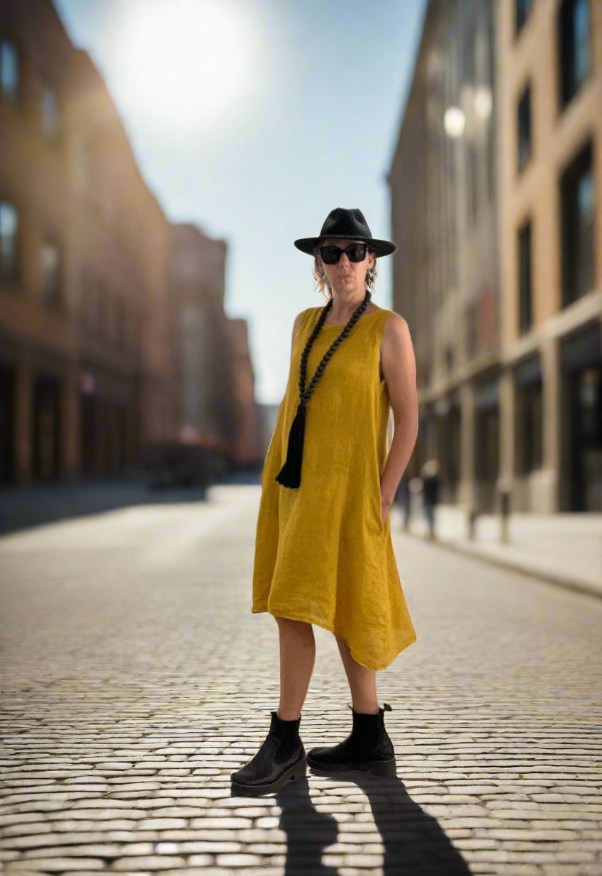 Woman Wearing Linen Dress Midi A Line Pockets Made in Italy Yellow - Dress LUXAMORE