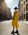 Woman Wearing Linen Dress Midi A Line Pockets Made in Italy Yellow - Dress LUXAMORE