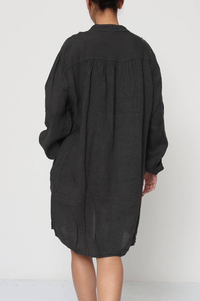 Linen Shirt Dress – Mini, Long Sleeve, Made in Italy | Charcoal Grey - LUXAMORE
