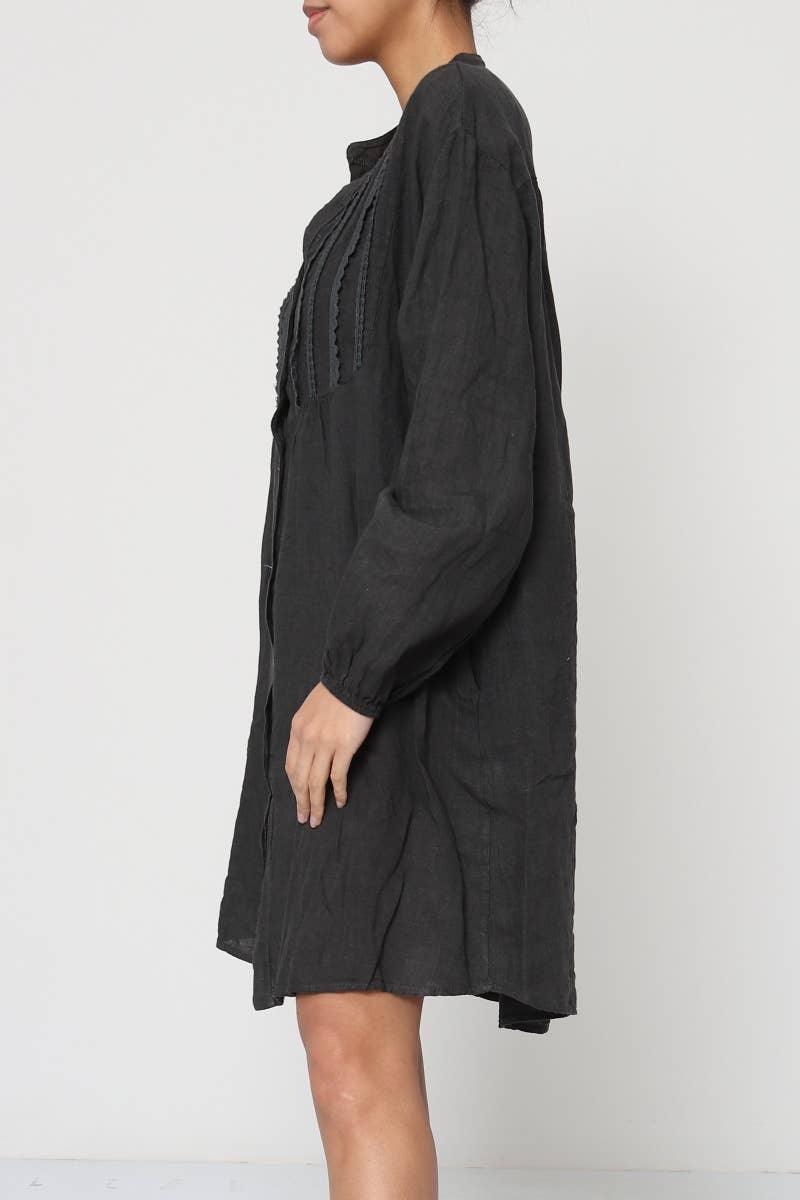 Linen Shirt Dress – Mini, Long Sleeve, Made in Italy | Charcoal Grey - LUXAMORE