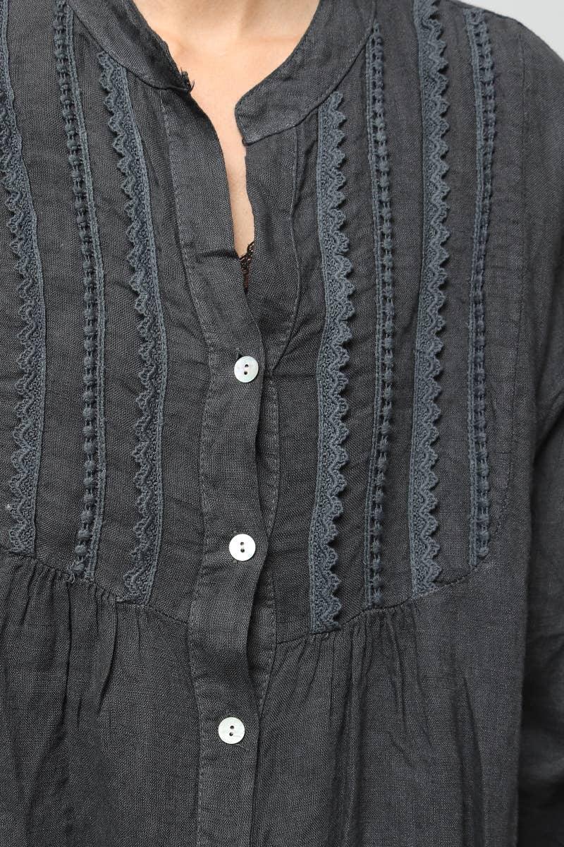 Linen Shirt Dress – Mini, Long Sleeve, Made in Italy | Charcoal Grey - LUXAMORE