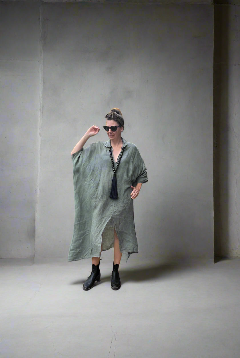 Woman Wearing Linen Dress Oversize Maxi Kaftan Made in Italy Olive - Dress LUXAMORE