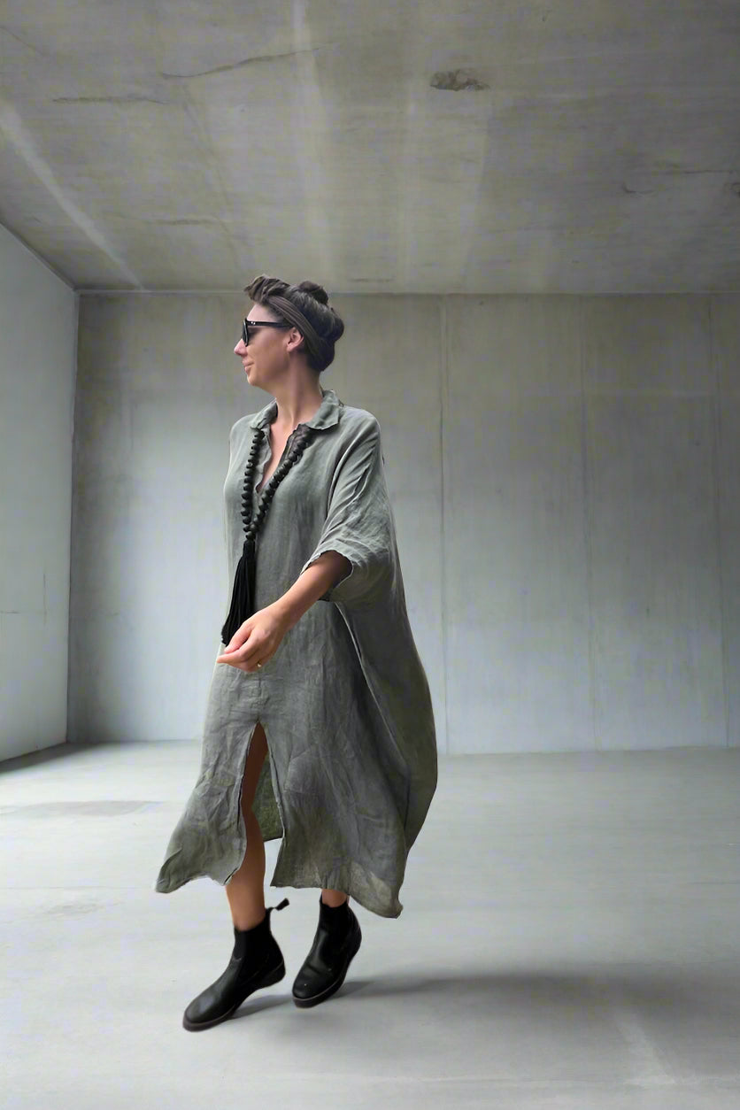 Woman Wearing Linen Dress Oversize Maxi Kaftan Made in Italy Olive - Dress LUXAMORE