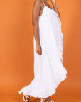 Woman Wearing Linen Dress Ruffled Thin Strap Maxi Made in Italy - Taupe - One Size - Dress LUXAMORE