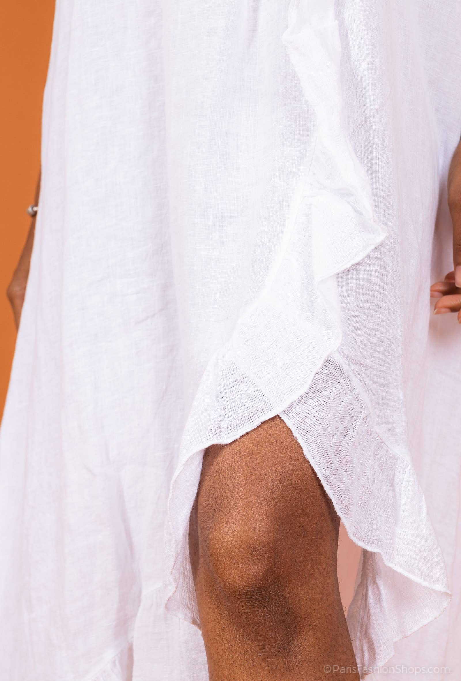 Woman Wearing Linen Dress Ruffled Thin Strap Maxi Made in Italy - Taupe - One Size - Dress LUXAMORE