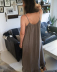 Woman Wearing Linen Dress Ruffled Thin Strap Maxi Made in Italy - Taupe - One Size - Dress LUXAMORE