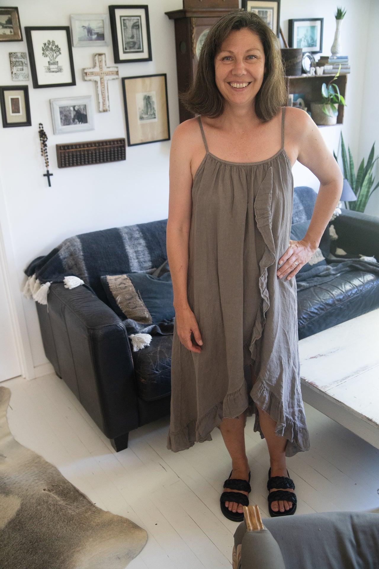 Woman Wearing Linen Dress Ruffled Thin Strap Maxi Made in Italy - Taupe - One Size - Dress LUXAMORE
