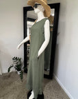 Woman Wearing Linen Dress Sleeveless Raw Edge, Maxi Made in Italy Khaki - Dress LUXAMORE