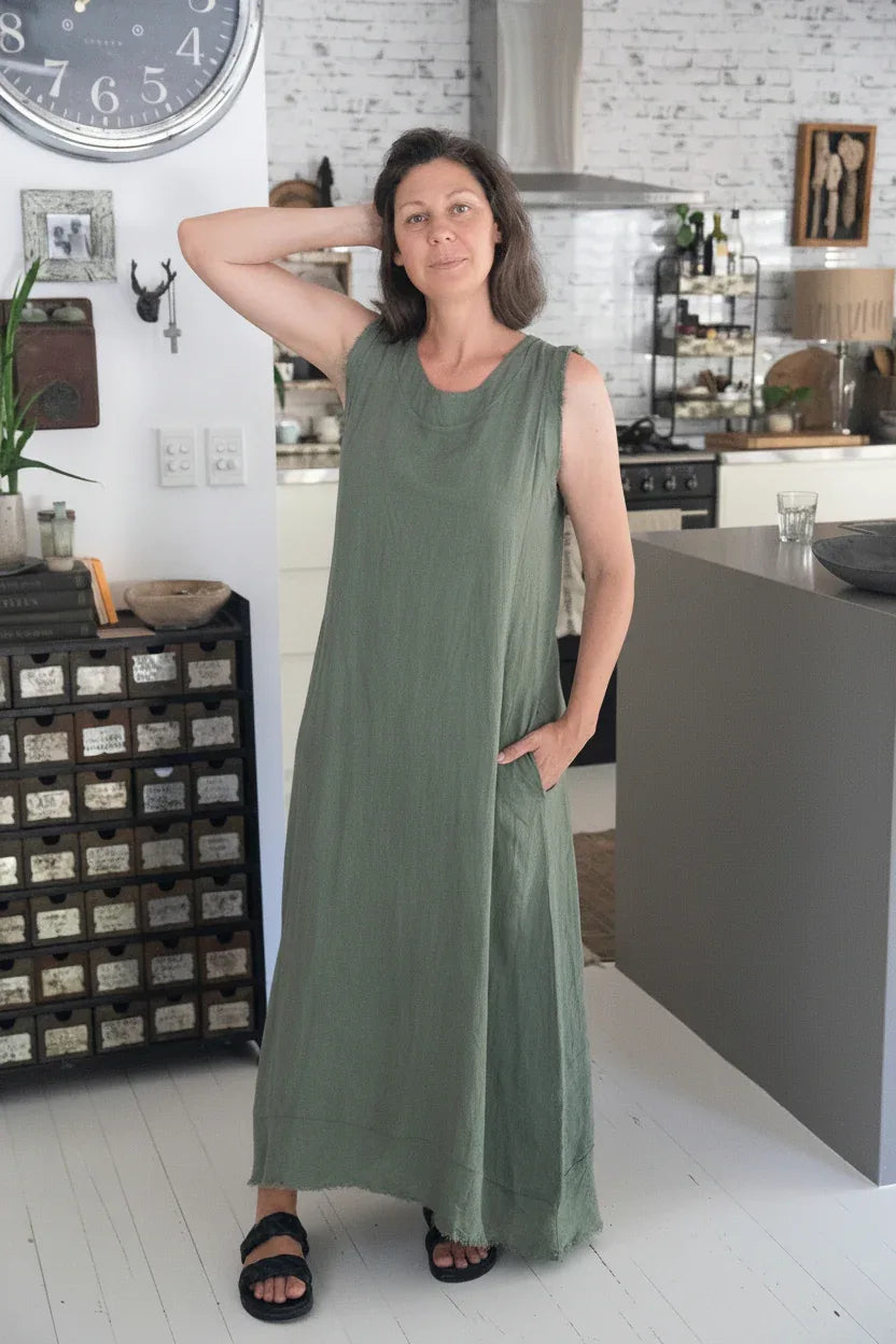 Linen Dress Sleeveless Raw Edge, Maxi Made in Italy Khaki worn by model in natural setting LUXAMORE 