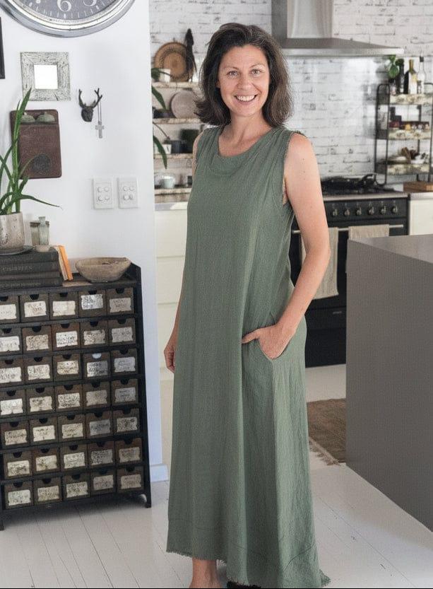 Linen Dress Sleeveless Raw Edge, Maxi Made in Italy Khaki worn by model in natural setting LUXAMORE 