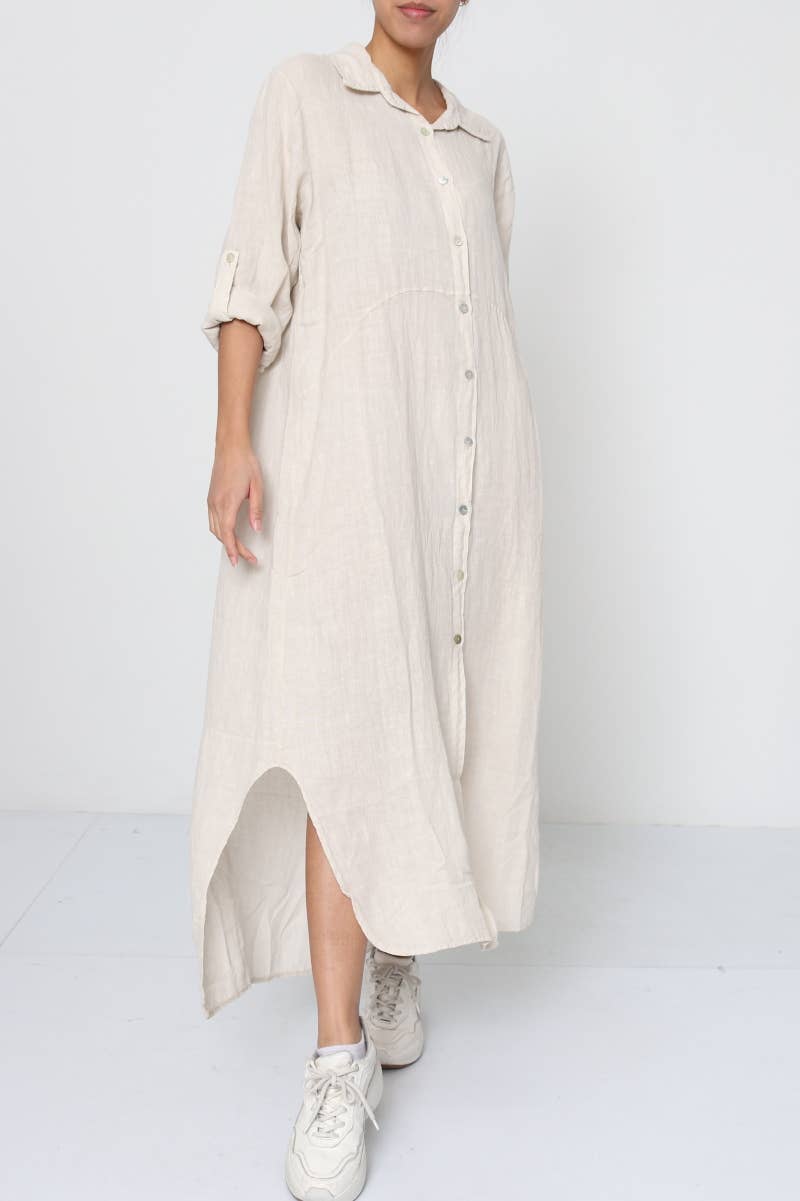 Woman Wearing Linen Shirtdress, Button-Up, Maxi Made in Italy Beige - Dress LUXAMORE