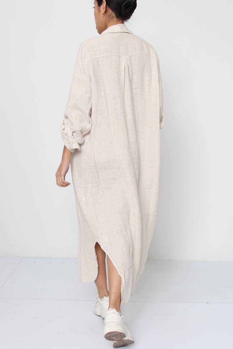 Woman Wearing Linen Shirtdress, Button-Up, Maxi Made in Italy Beige - Dress LUXAMORE