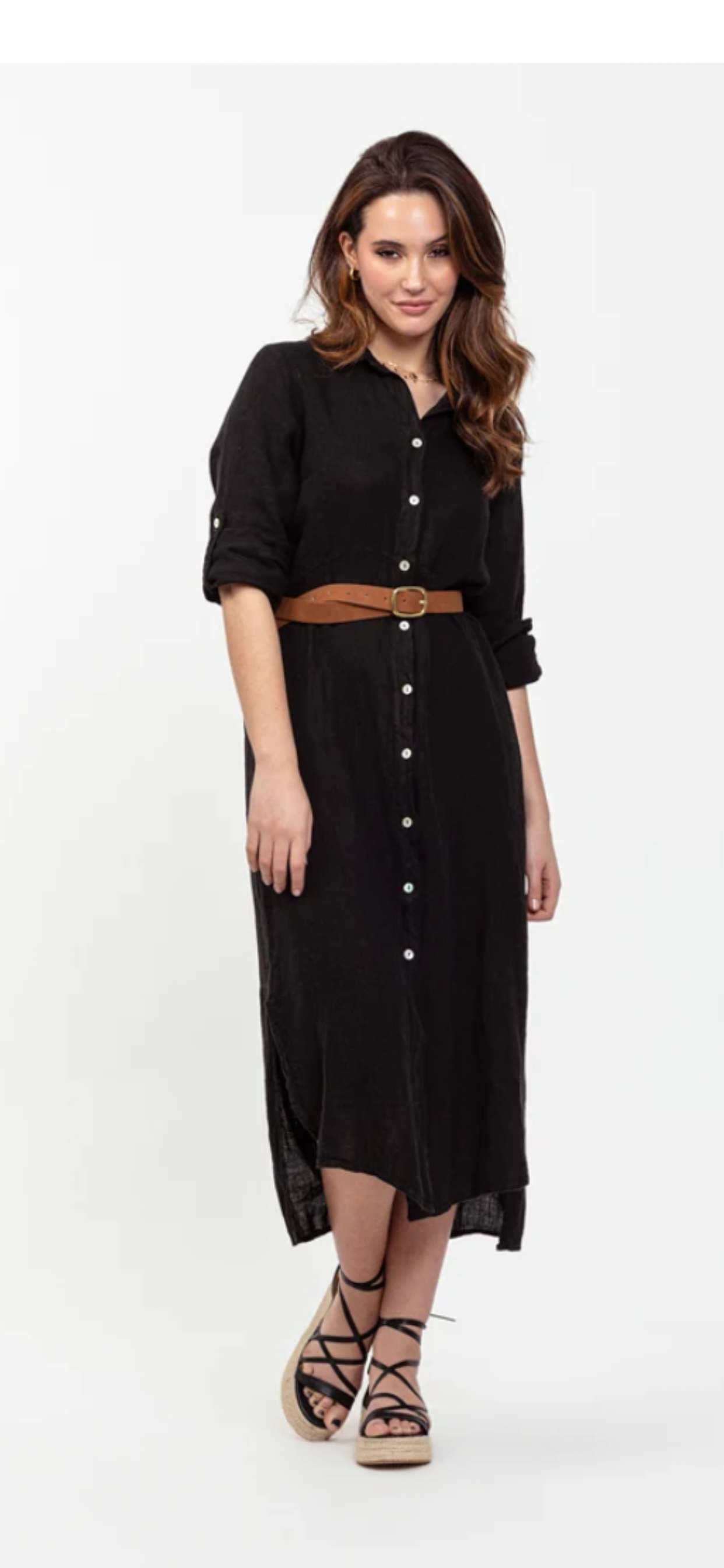 Linen Shirtdress, Button-Up, Maxi Made in Italy Black worn by model in natural setting LUXAMORE 