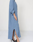 Linen Shirtdress, Button-Up, Maxi Made in Italy Black worn by model in natural setting LUXAMORE 