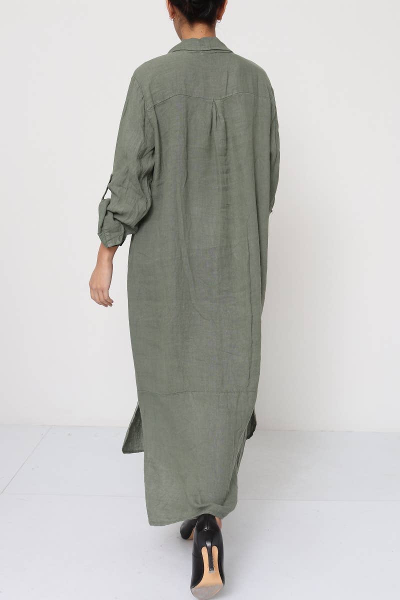 Woman Wearing Linen Shirtdress, Button-Up, Maxi Made in Italy Khaki -  LUXAMORE