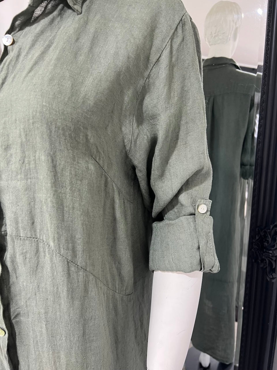 Woman Wearing Linen Shirtdress, Button-Up, Maxi Made in Italy Khaki -  LUXAMORE