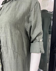 Woman Wearing Linen Shirtdress, Button-Up, Maxi Made in Italy Khaki -  LUXAMORE