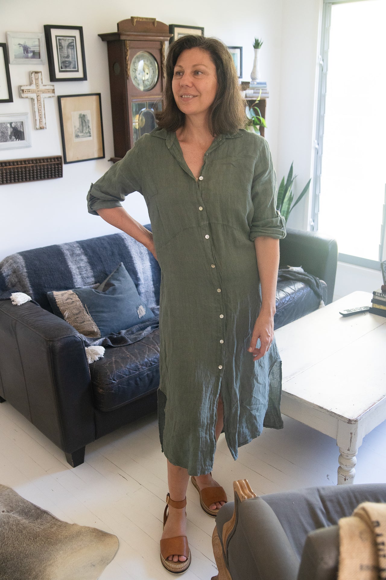 Woman Wearing Linen Shirtdress, Button-Up, Maxi Made in Italy Khaki -  LUXAMORE