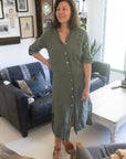 Woman Wearing Linen Shirtdress, Button-Up, Maxi Made in Italy Khaki -  LUXAMORE