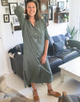 Woman Wearing Linen Shirtdress, Button-Up, Maxi Made in Italy Khaki -  LUXAMORE