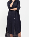 Woman Wearing Linen Shirtdress, Button-Up, Maxi Made in Italy Navy - Dress LUXAMORE
