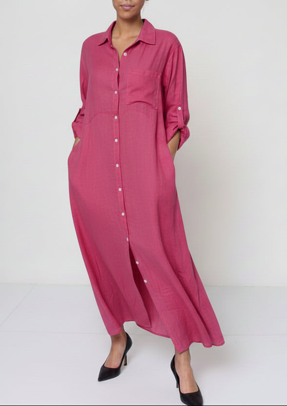 Linen Shirtdress, Button-Up, Maxi Made in Italy fuscia worn by model in natural setting LUXAMORE 
