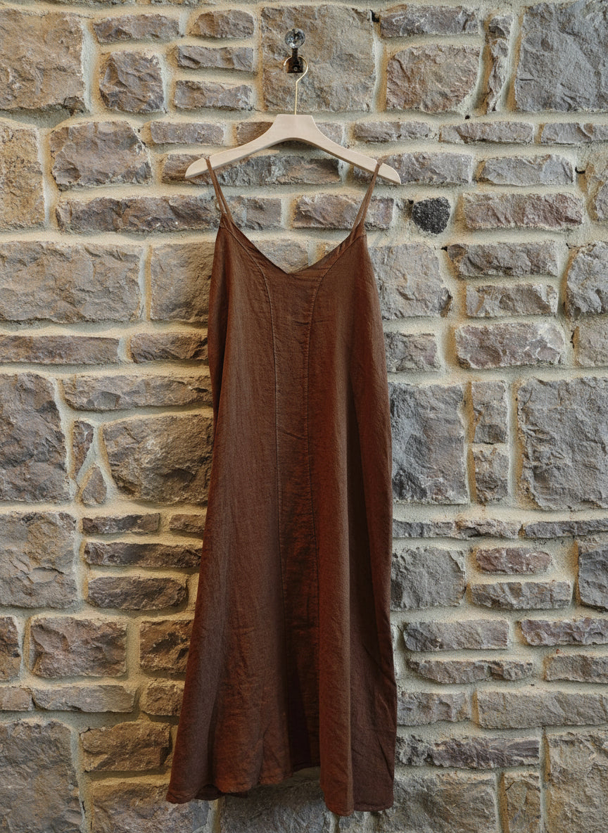 Woman Wearing Linen Slip Dress Made in Italy Brown - Dress LUXAMORE