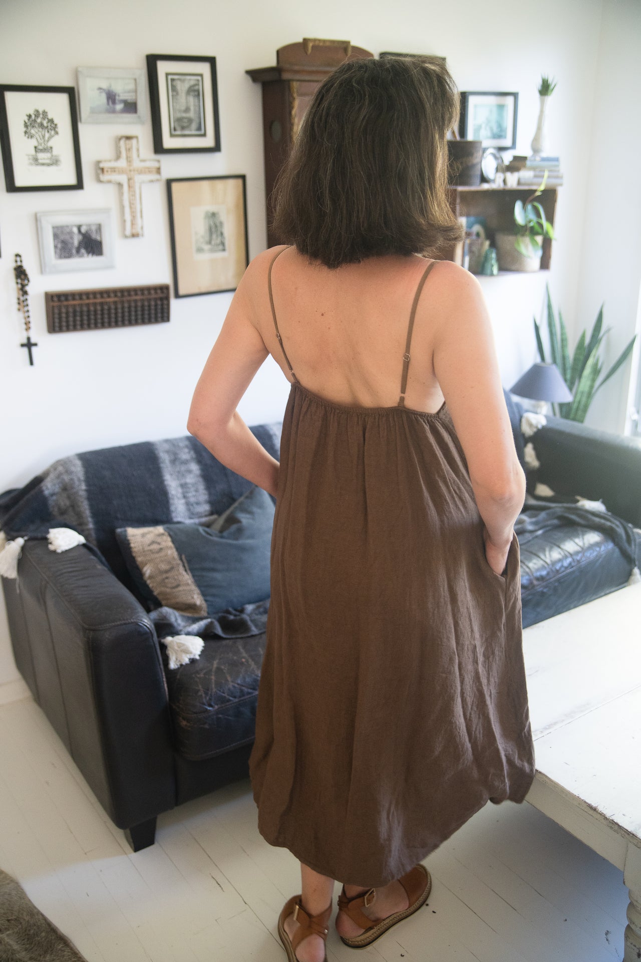 Woman Wearing Linen Slip Dress Made in Italy Brown - Dress LUXAMORE