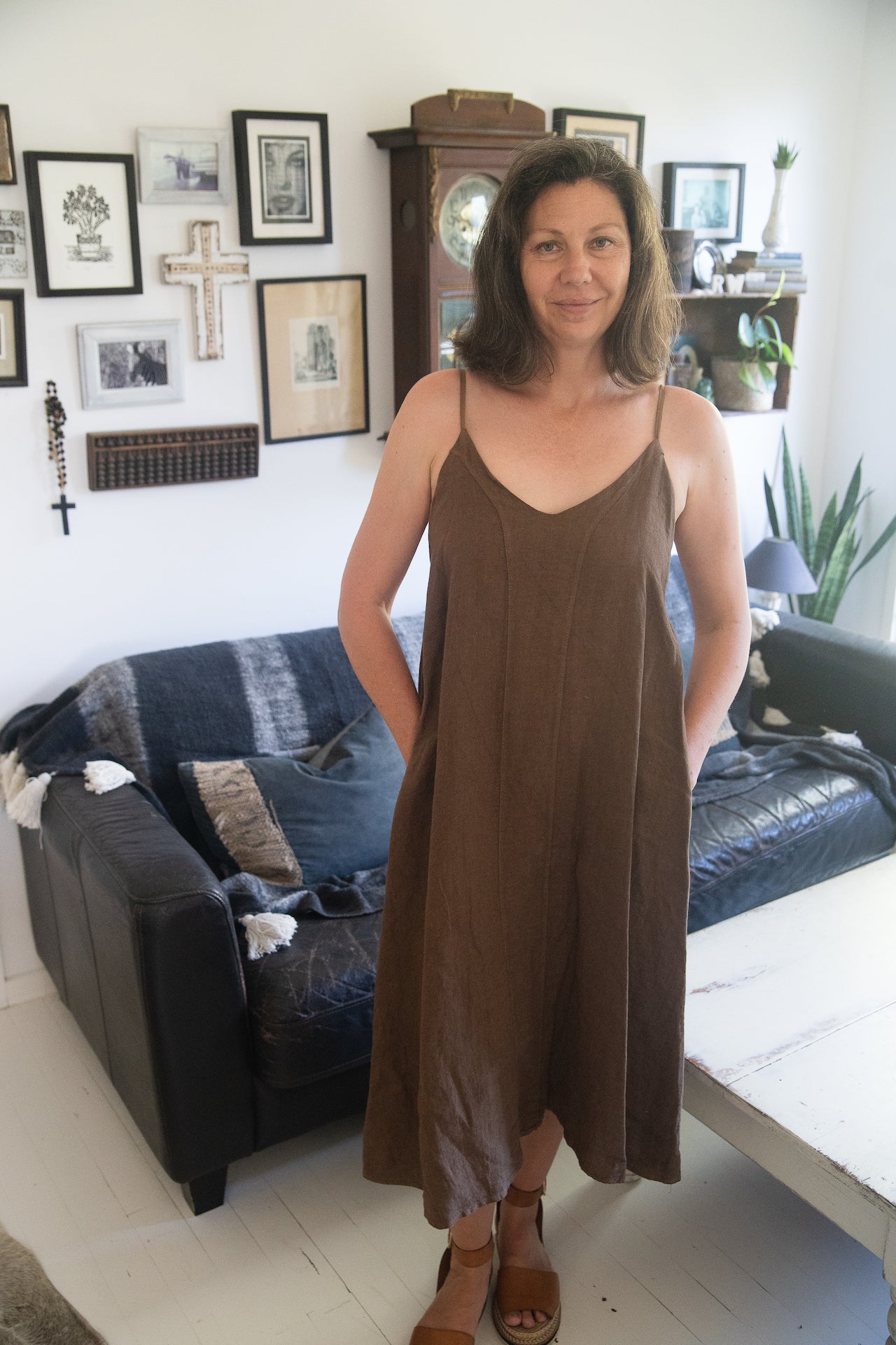Woman Wearing Linen Slip Dress Made in Italy Brown - Dress LUXAMORE