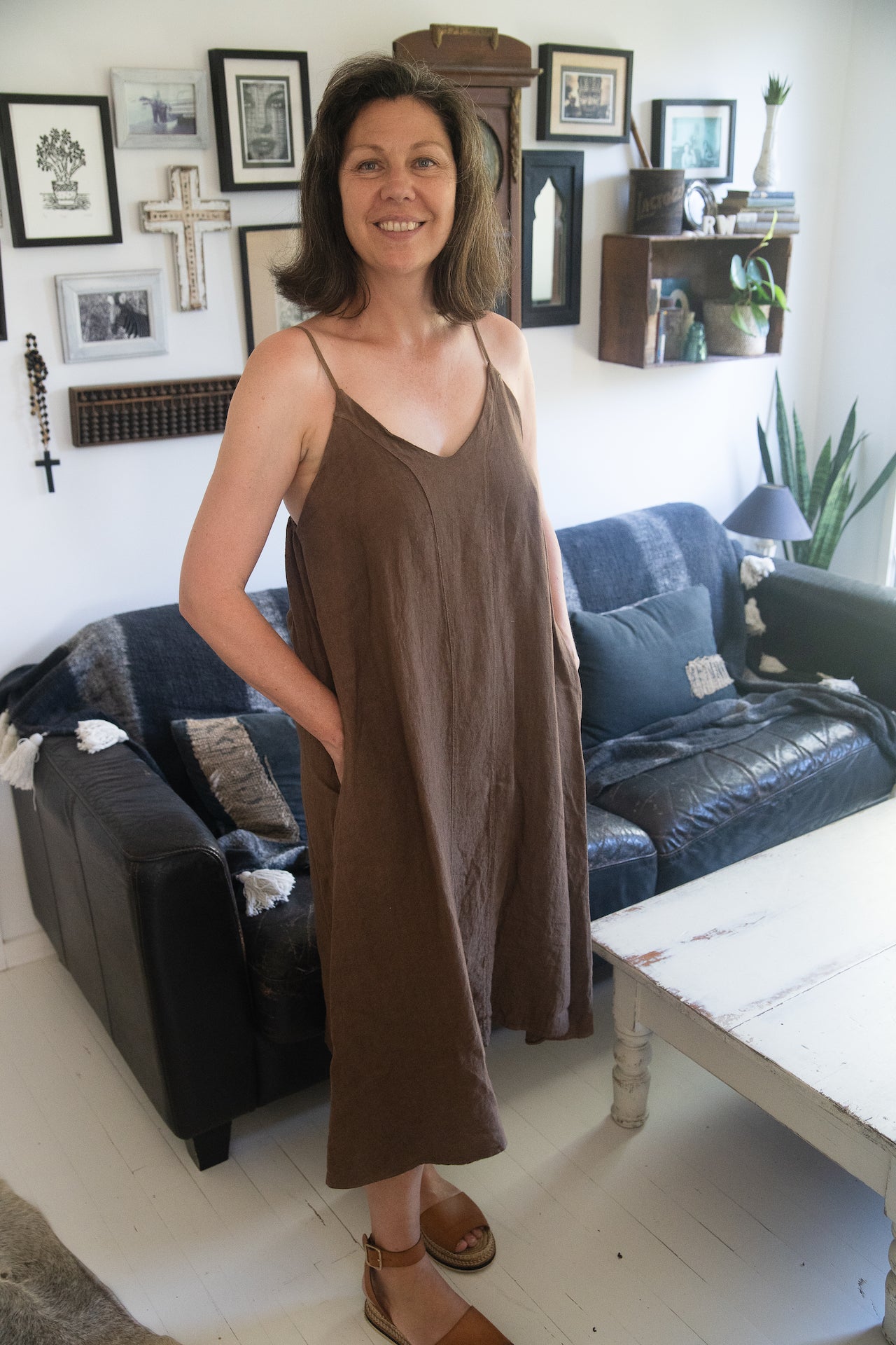 Woman Wearing Linen Slip Dress Made in Italy Brown - Dress LUXAMORE