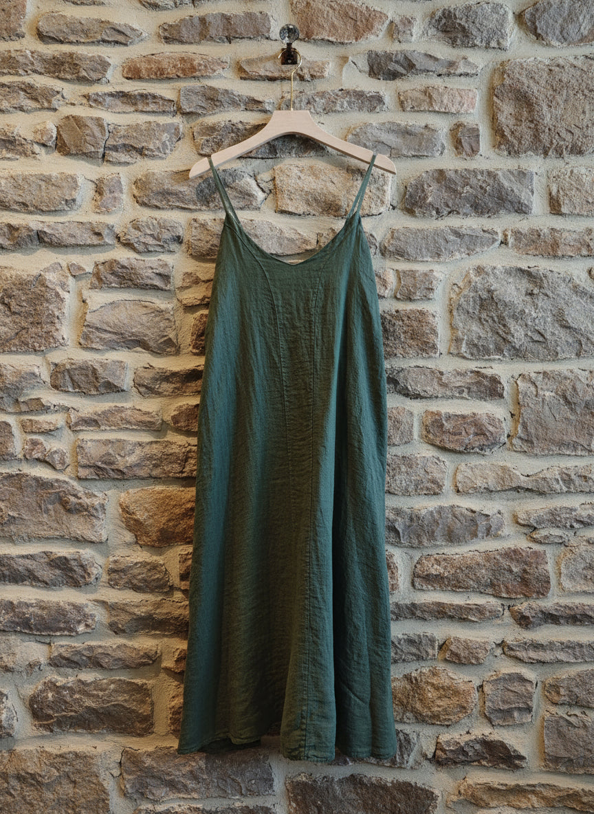 Woman Wearing Linen Slip Dress Midi Made in Italy Khaki - Dress LUXAMORE