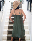 Woman Wearing Linen Slip Dress Midi Made in Italy Khaki - Dress LUXAMORE