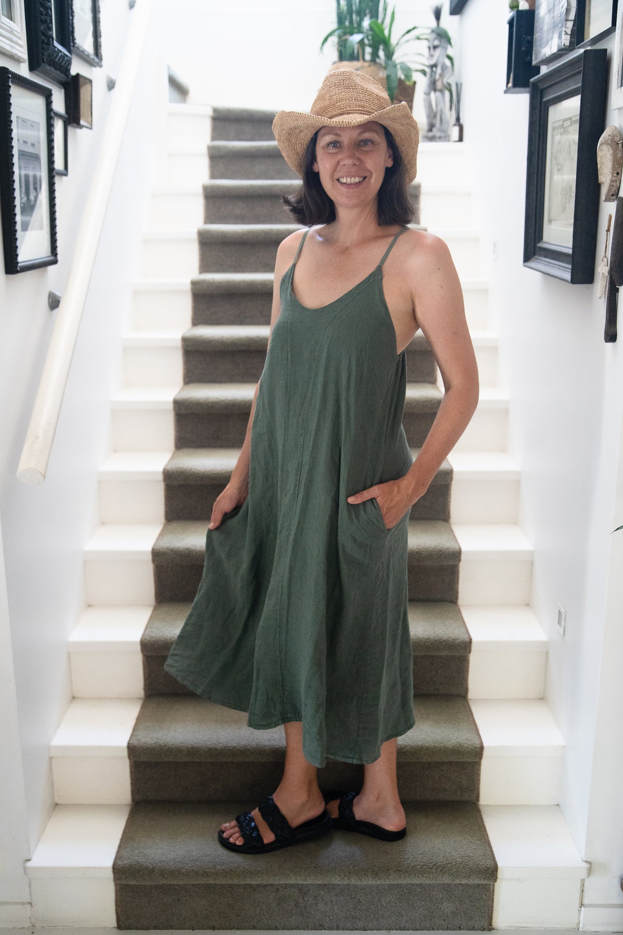 Woman Wearing Linen Slip Dress Midi Made in Italy Khaki - Dress LUXAMORE