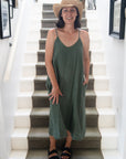 Woman Wearing Linen Slip Dress Midi Made in Italy Khaki - Dress LUXAMORE