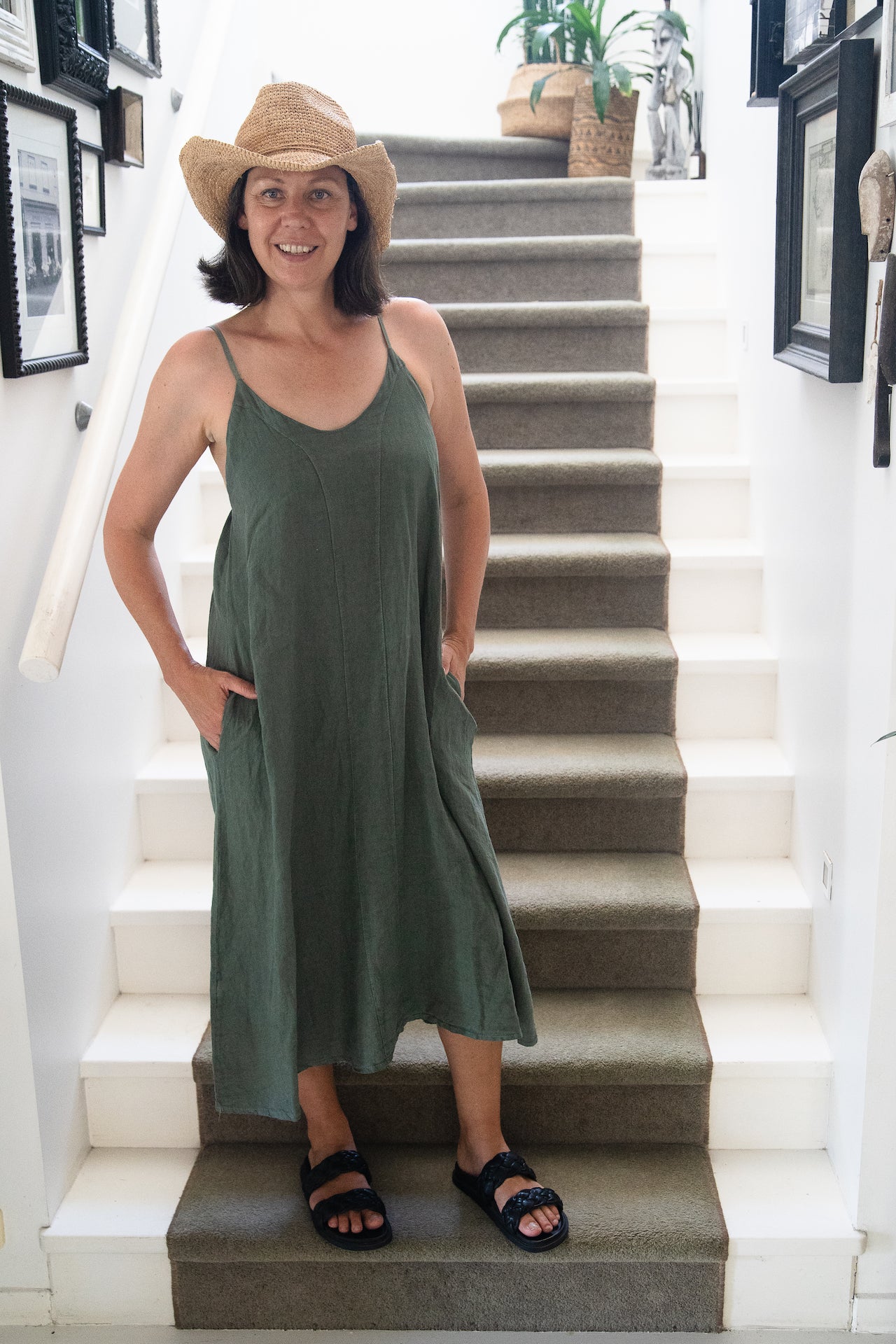 Woman Wearing Linen Slip Dress Midi Made in Italy Khaki - Dress LUXAMORE