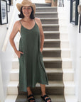 Woman Wearing Linen Slip Dress Midi Made in Italy Khaki - Dress LUXAMORE