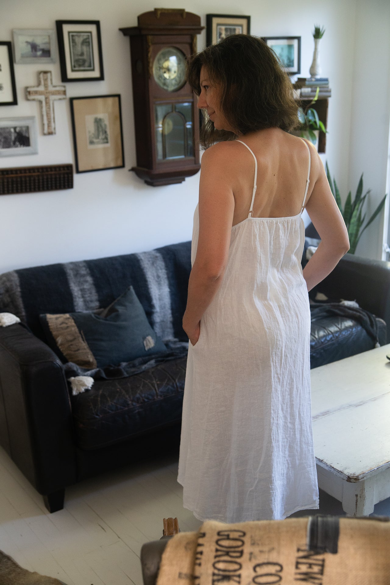 Woman Wearing Linen Slip Dress White Made in Italy - Dress LUXAMORE