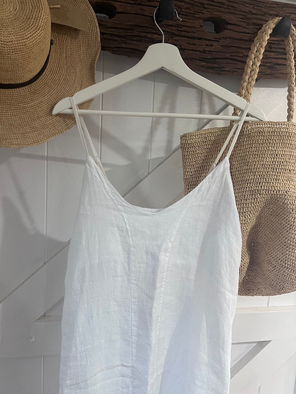 Woman Wearing Linen Slip Dress White Made in Italy - Dress LUXAMORE