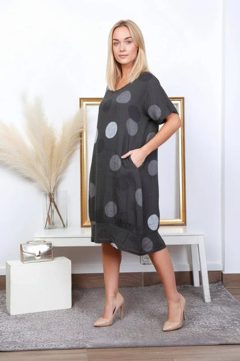 Linen Dress Circle Print Midi Made in Italy Charcoal Grey worn by model in natural setting LUXAMORE 