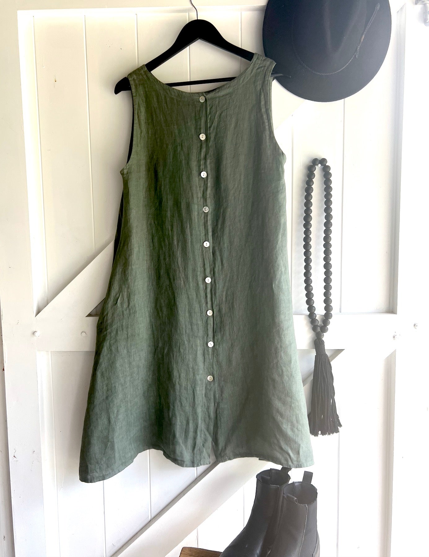 Woman Wearing Linen Dress Pockets Midi Made in Italy Olive - Dress LUXAMORE