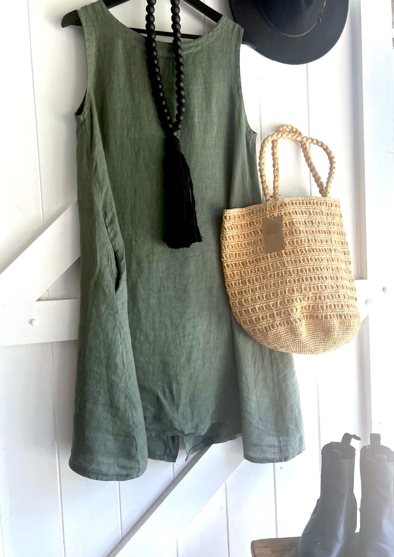 Woman Wearing Linen Dress Pockets Midi Made in Italy Olive - Dress LUXAMORE