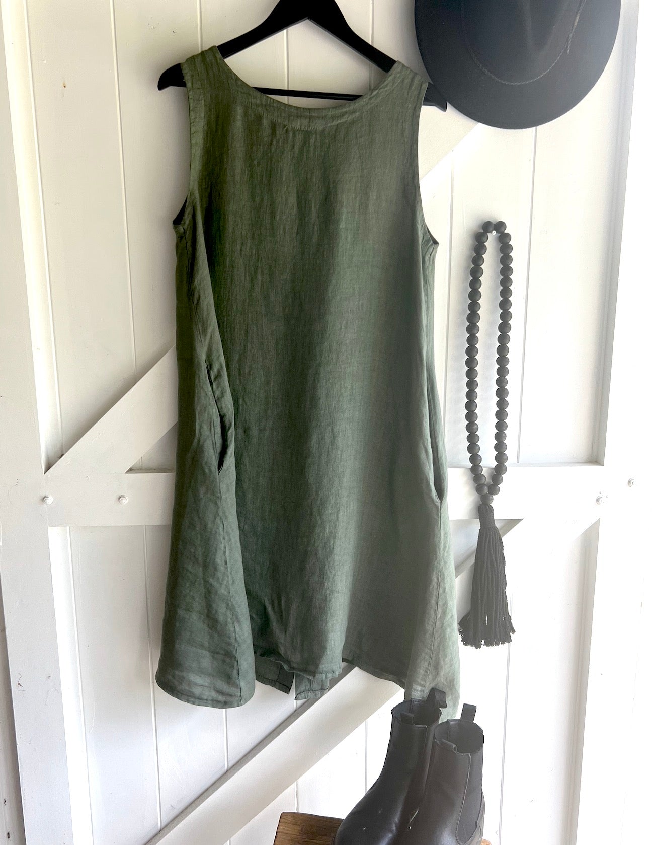 Woman Wearing Linen Dress Pockets Midi Made in Italy Olive - Dress LUXAMORE